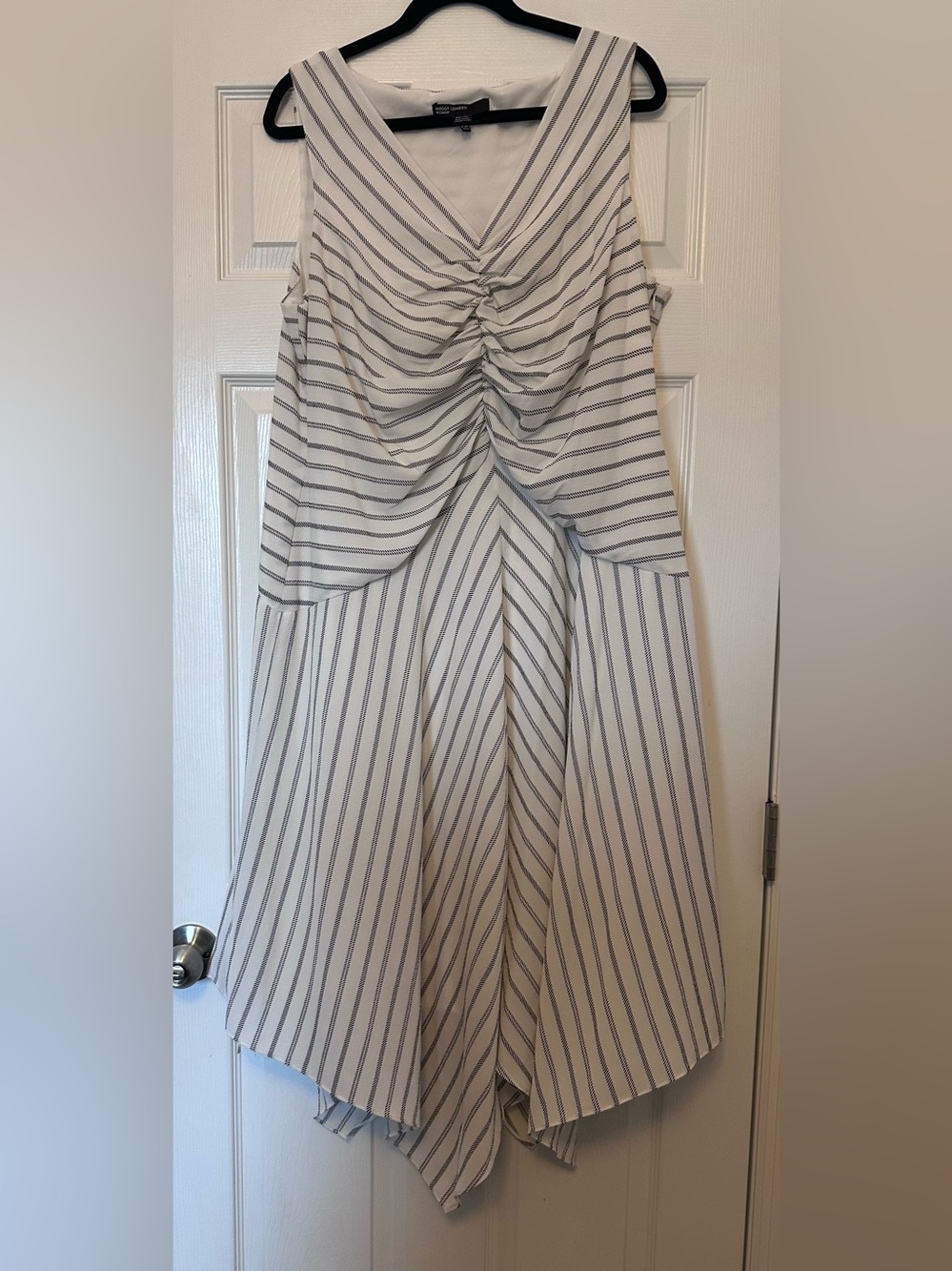 Maggy London White and Black Striped Midi Dress with Handkerchief Hem - Size 18W